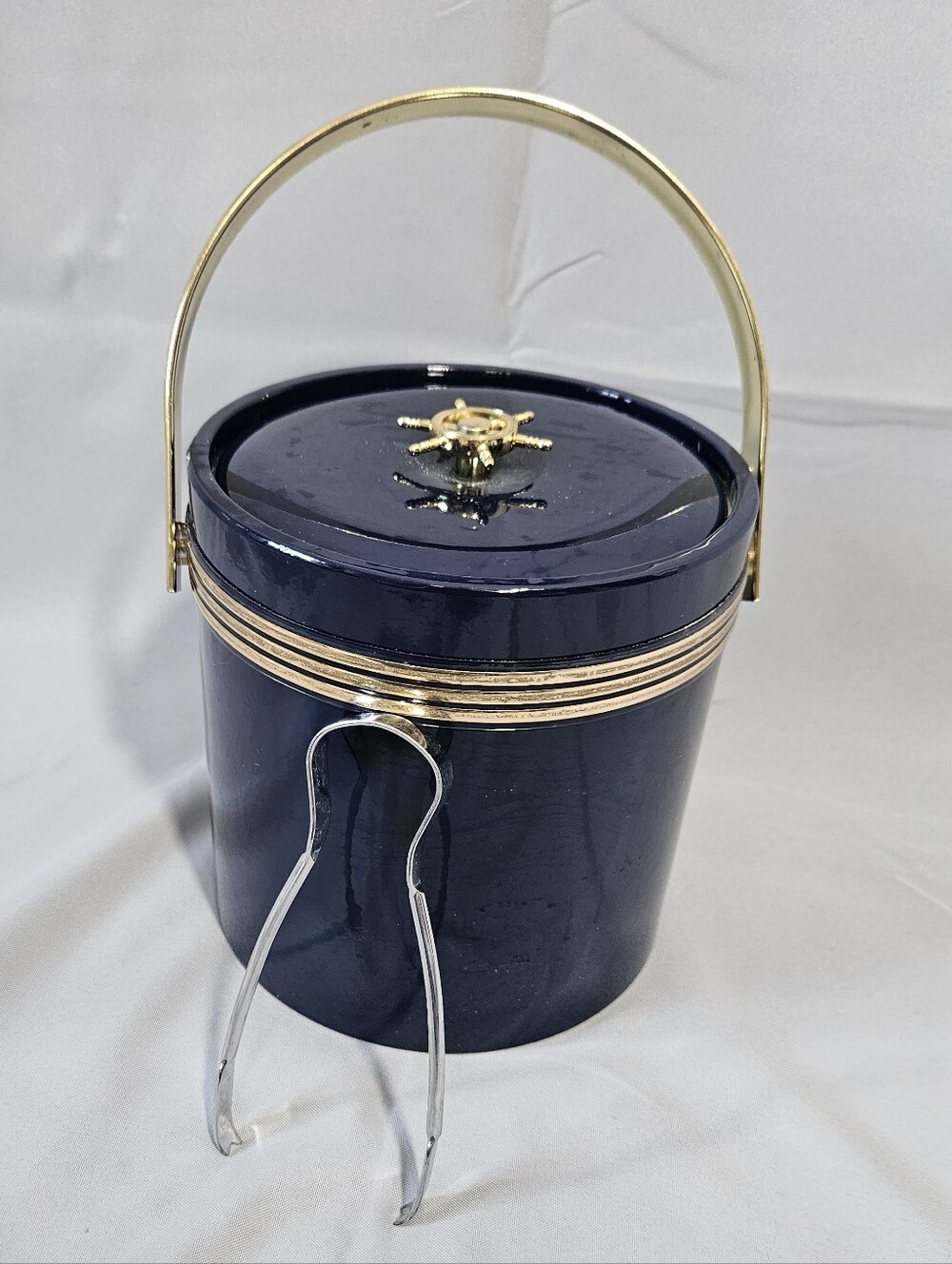 VTG MCM Nautical Navy Gold Ice Bucket/Tongs Summer Fisherman Barware Home Decor